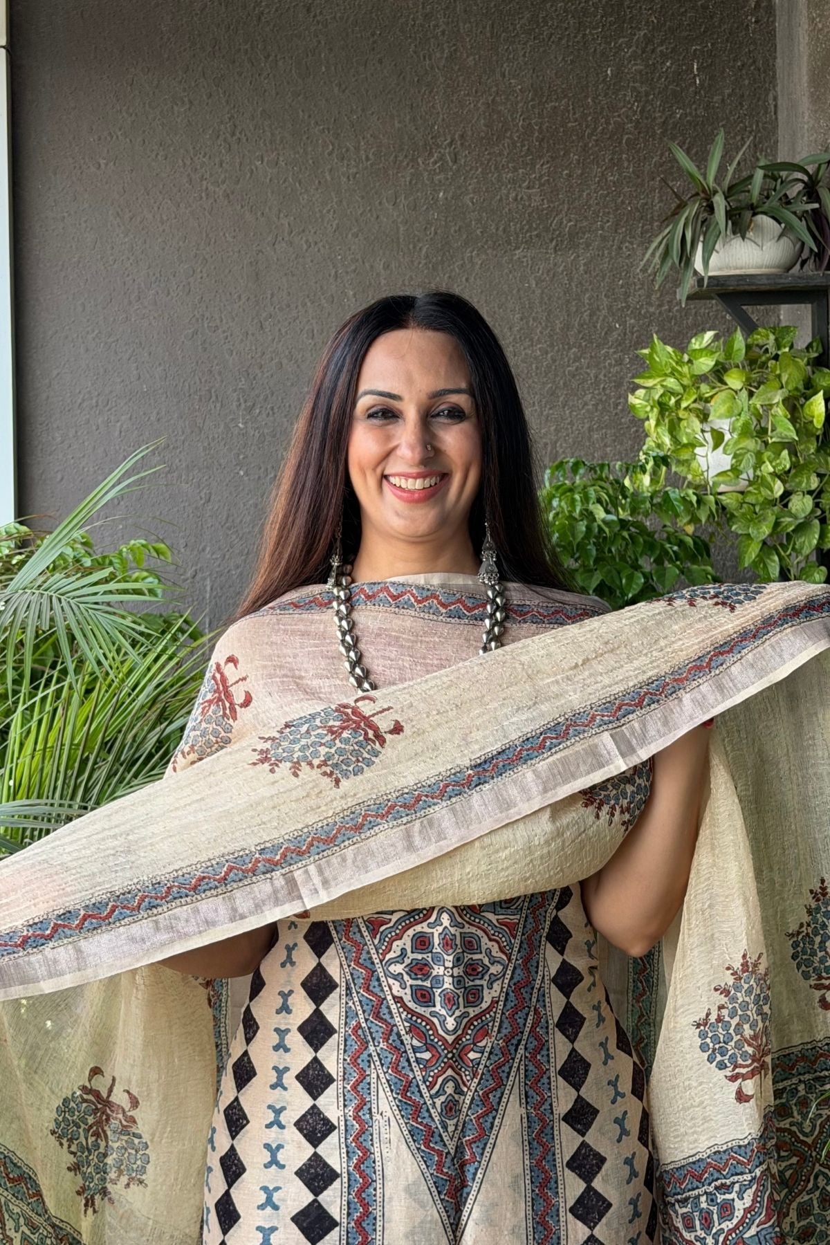 Ajrakh On Pure Linen Silk