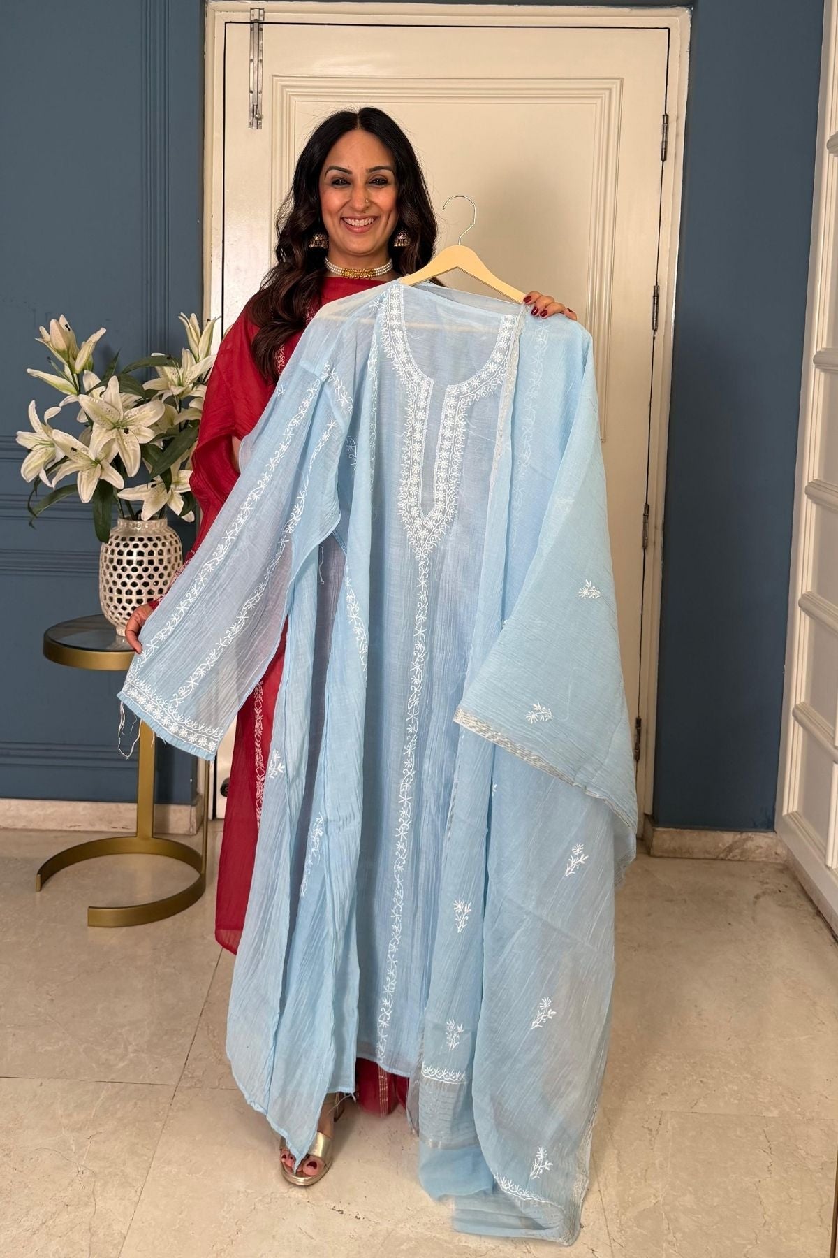 Pure Mul cotton semi stitched Chikankari kurta dupatta set!!!