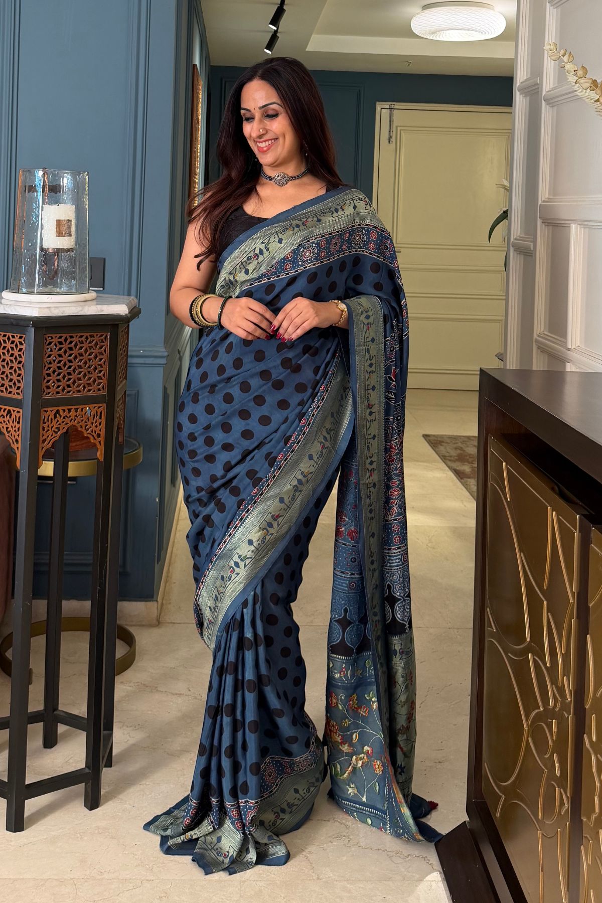 Handblocked Ajrakh with Paithani weave on pure modal saree!!