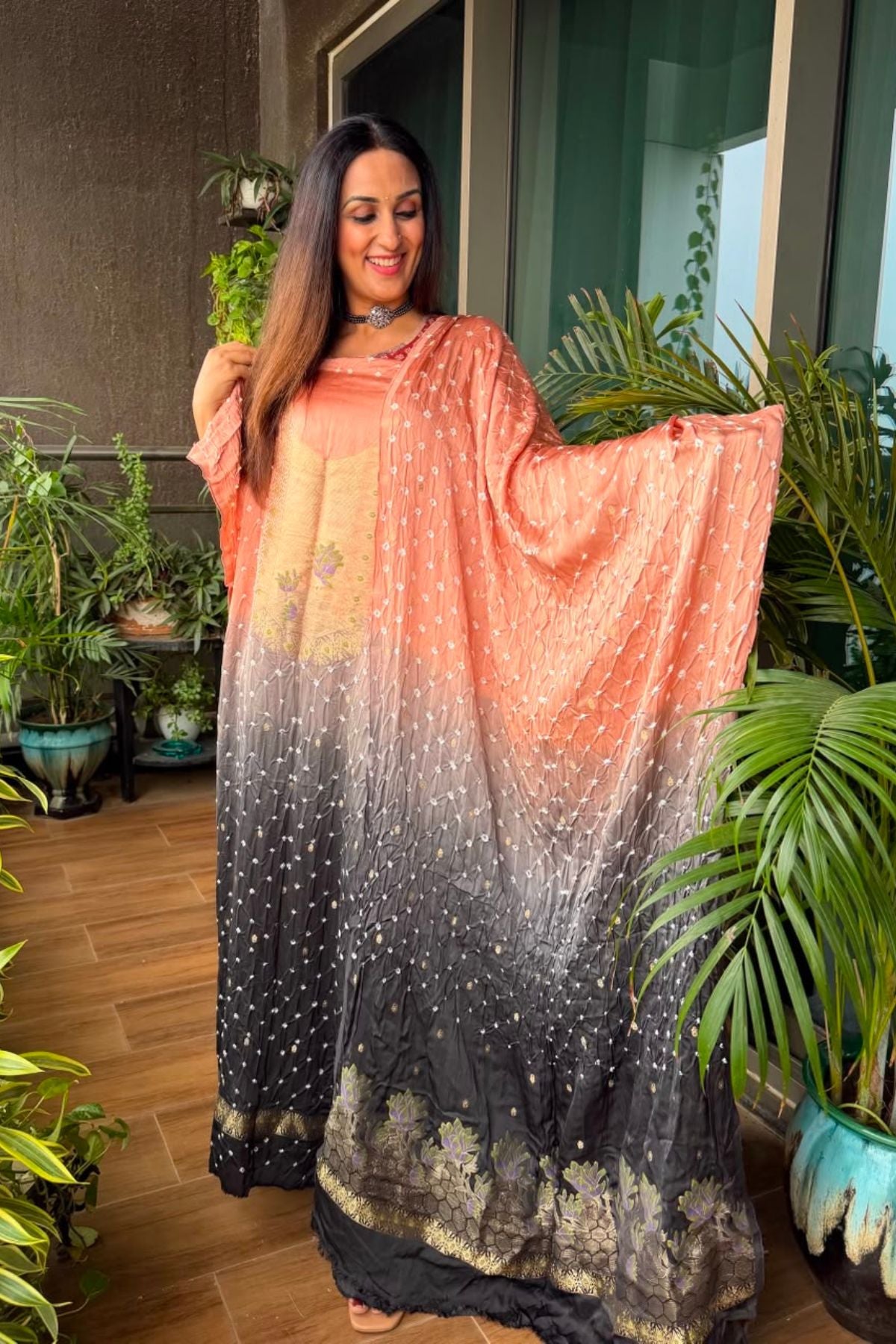 Bandhani with zari work kurta dupatta set on pure modal!!
