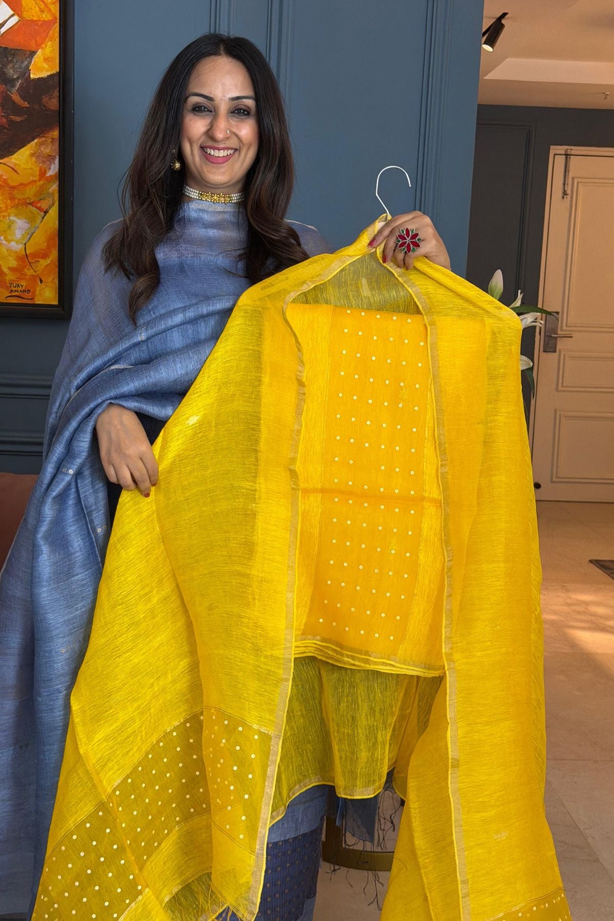 Handwoven with fine sequins Pure Linen kurta dupatta sets!!