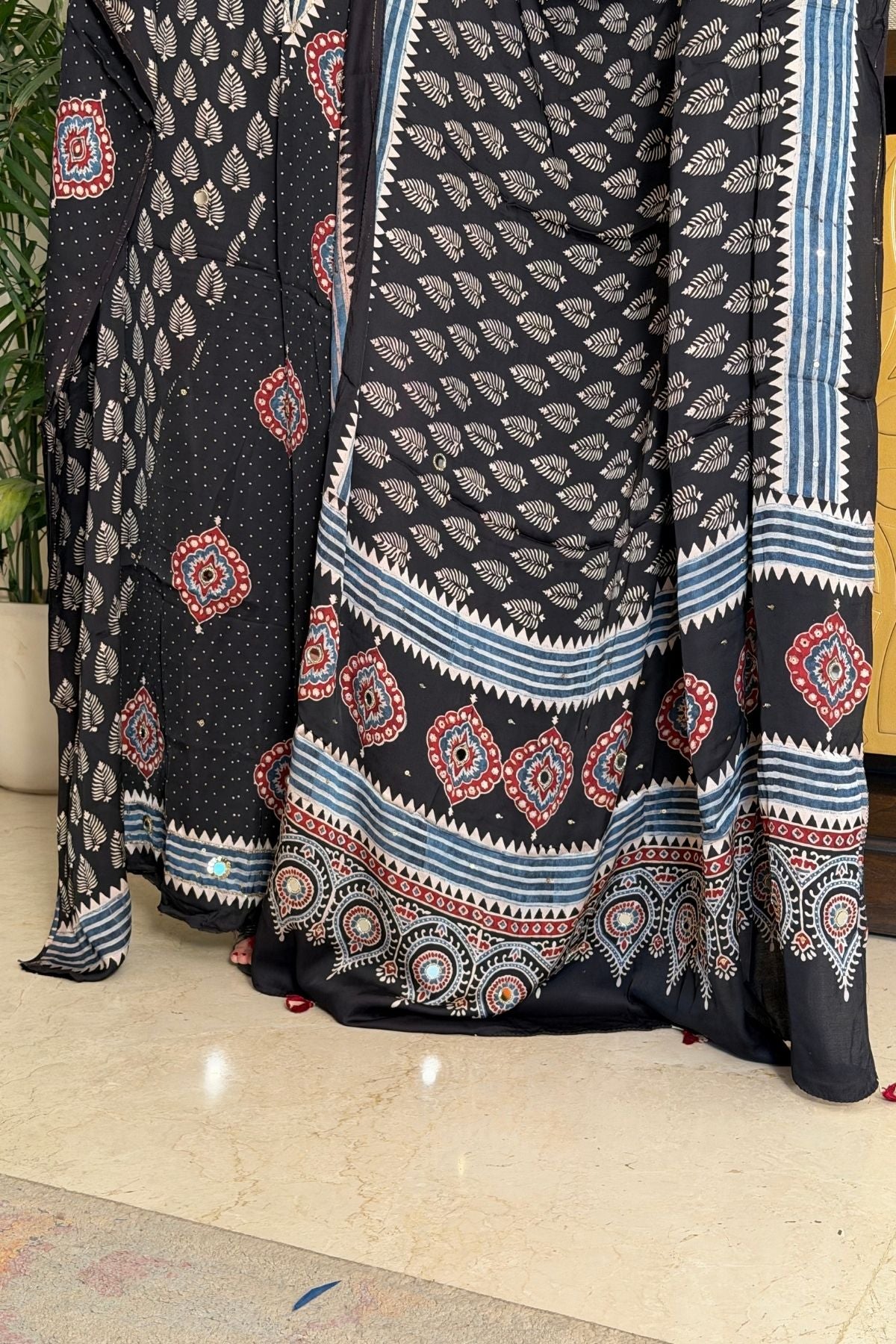 Handblocked Ajrakh kurta dupatta set with very intricate hand embroidery!!