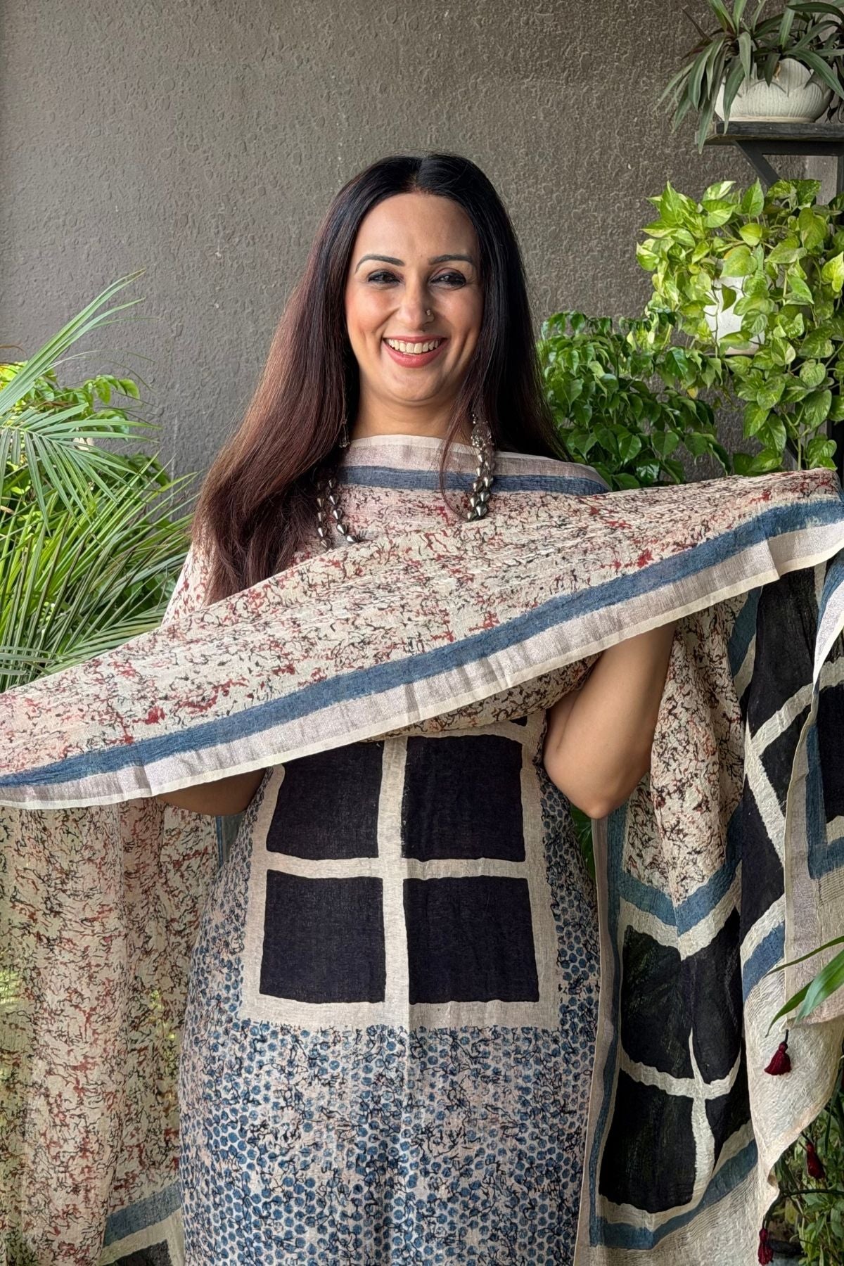 Ajrakh On Pure Linen Silk
