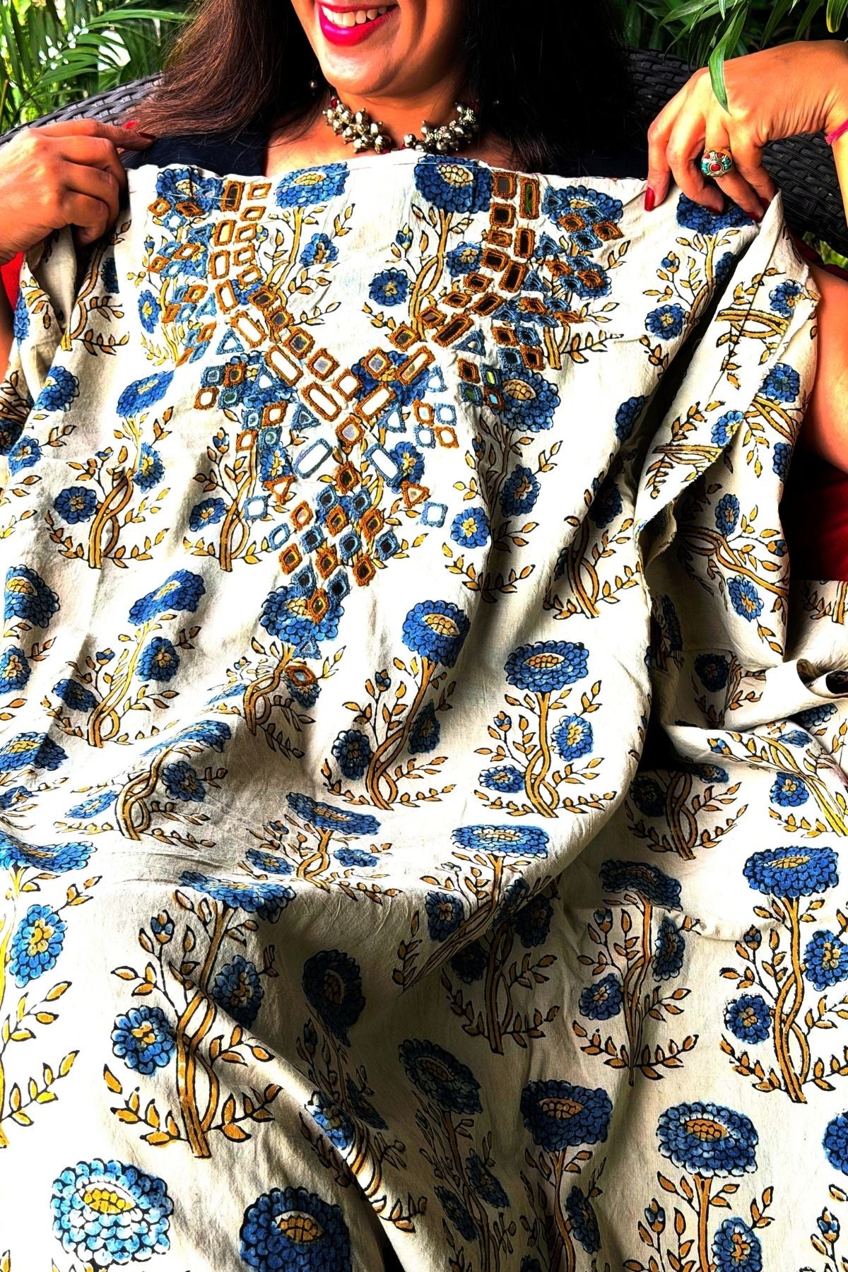 Handblocked pure cotton kurta with Kutch mirror work embroidery!!