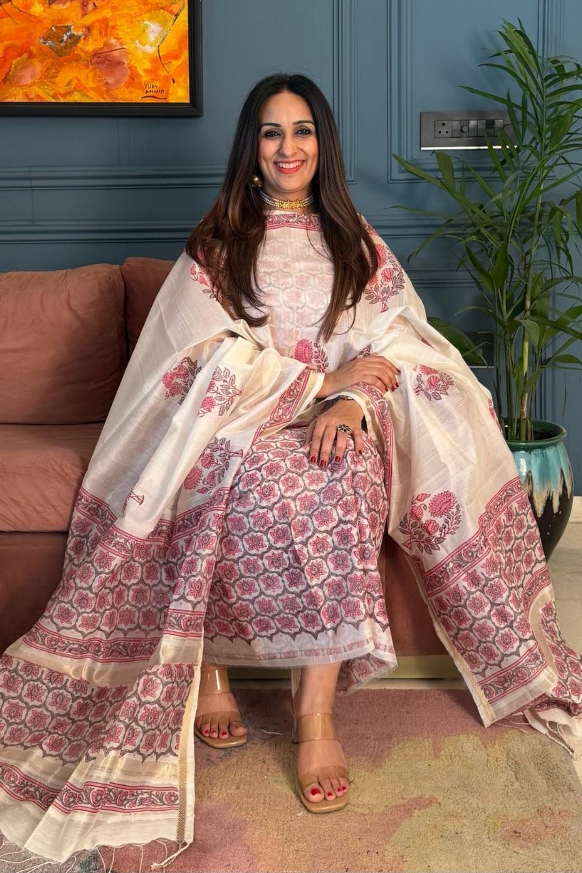 Handblocked Maheshwari kurta dupatta set!!