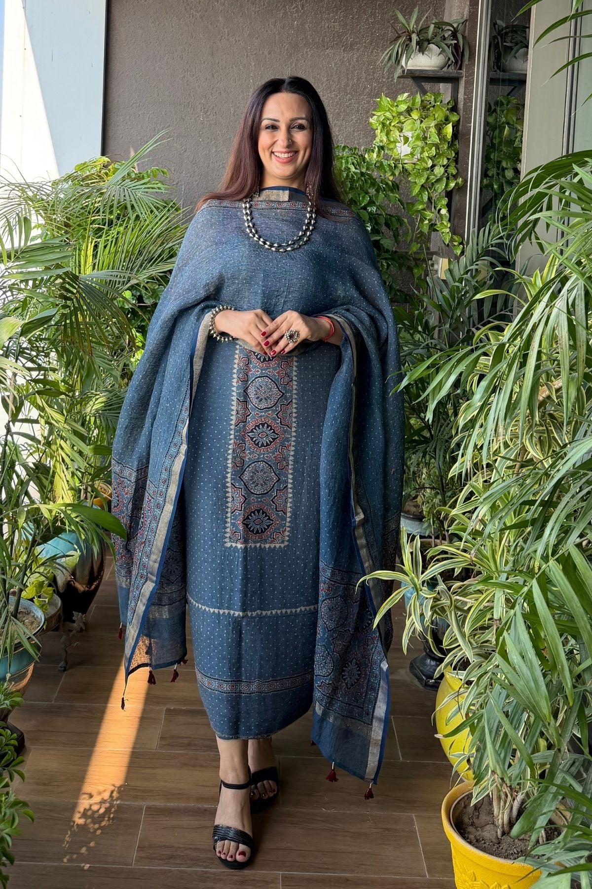 Ajrakh On Pure Linen Silk