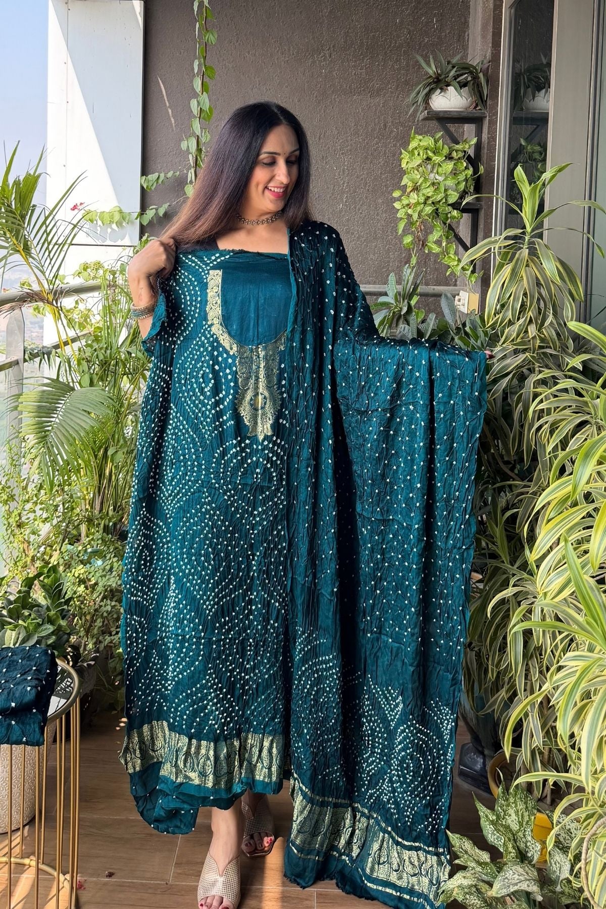 Pure modal silk full set with hand done bandhani and zari weaving!!