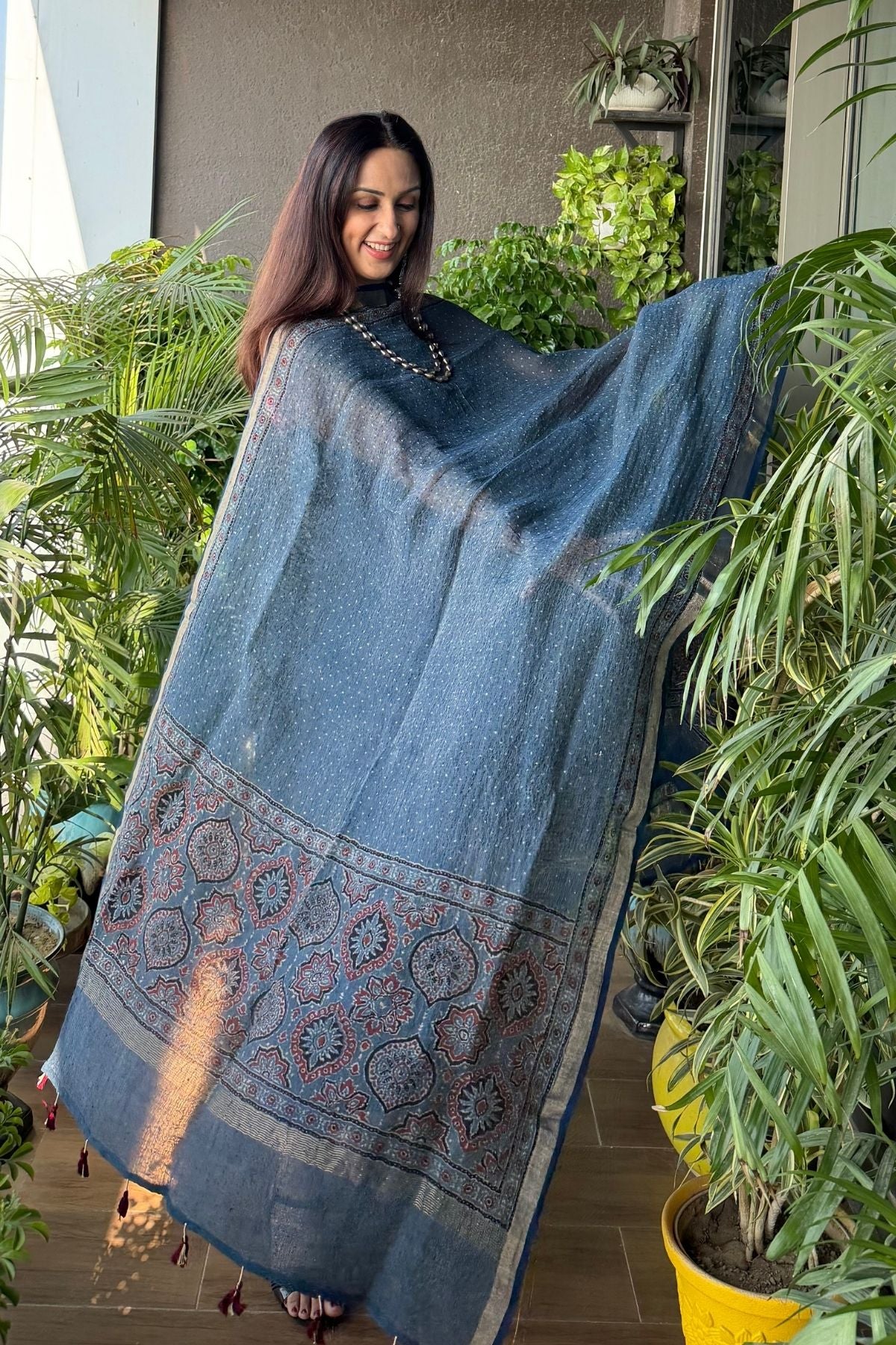 Ajrakh On Pure Linen Silk