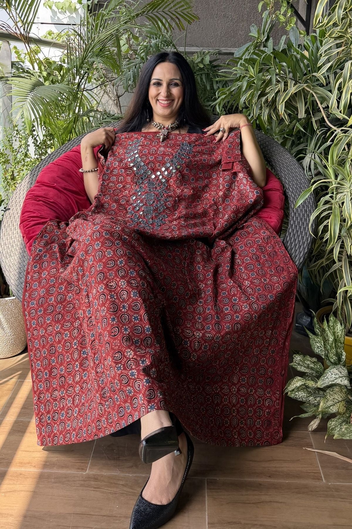 Handblocked pure cotton kurta with Kutch mirror work embroidery!!