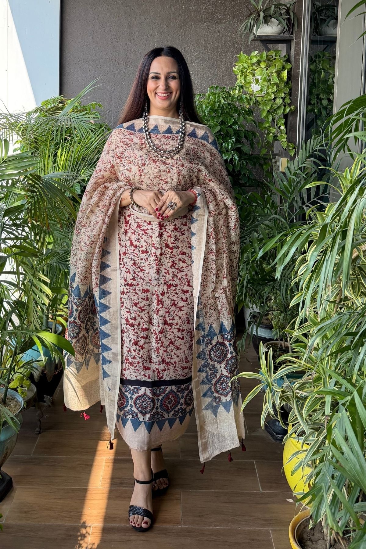 Ajrakh On Pure Linen Silk