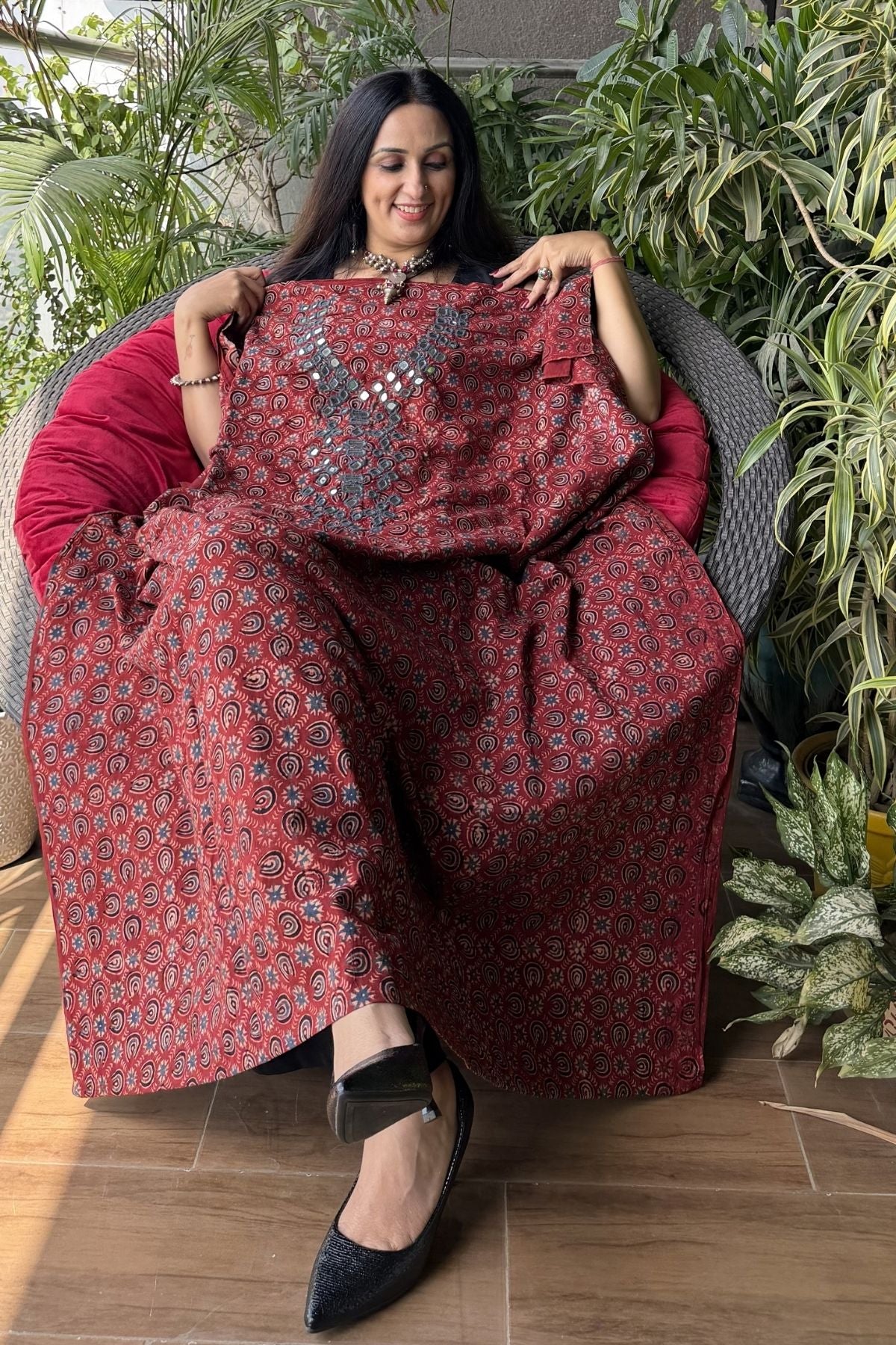Handblocked pure cotton kurta with Kutch mirror work embroidery!!