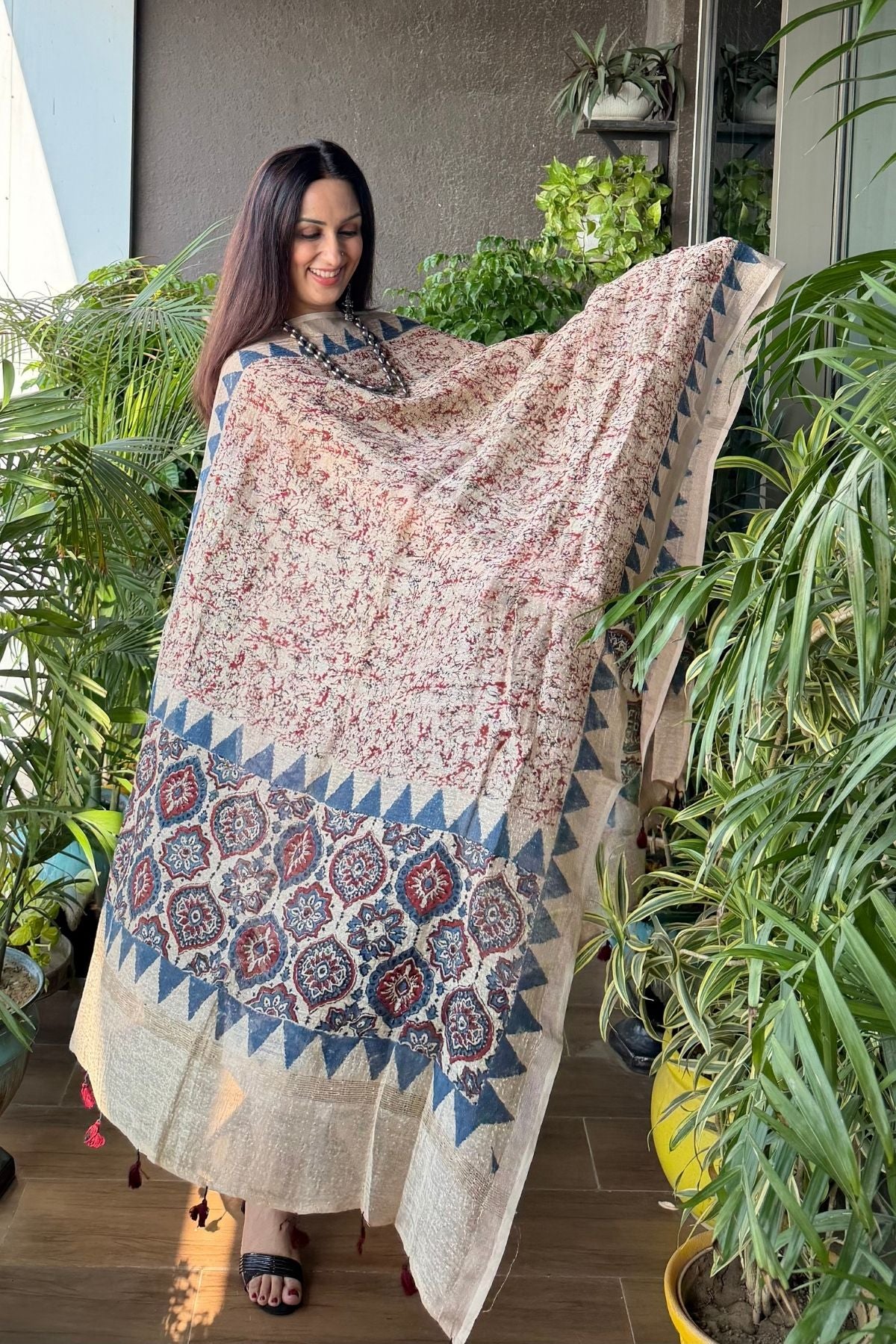 Ajrakh On Pure Linen Silk