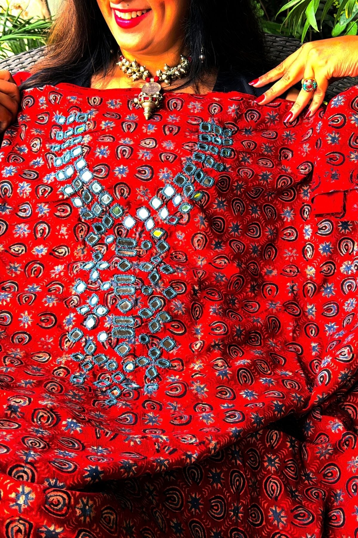 Handblocked pure cotton kurta with Kutch mirror work embroidery!!