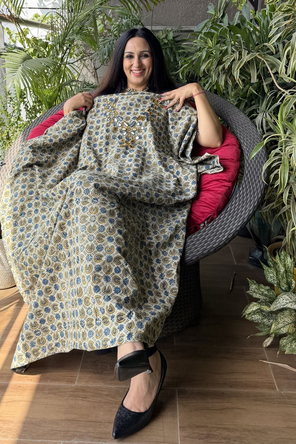 Handblocked pure cotton kurta with Kutch mirror work embroidery!!