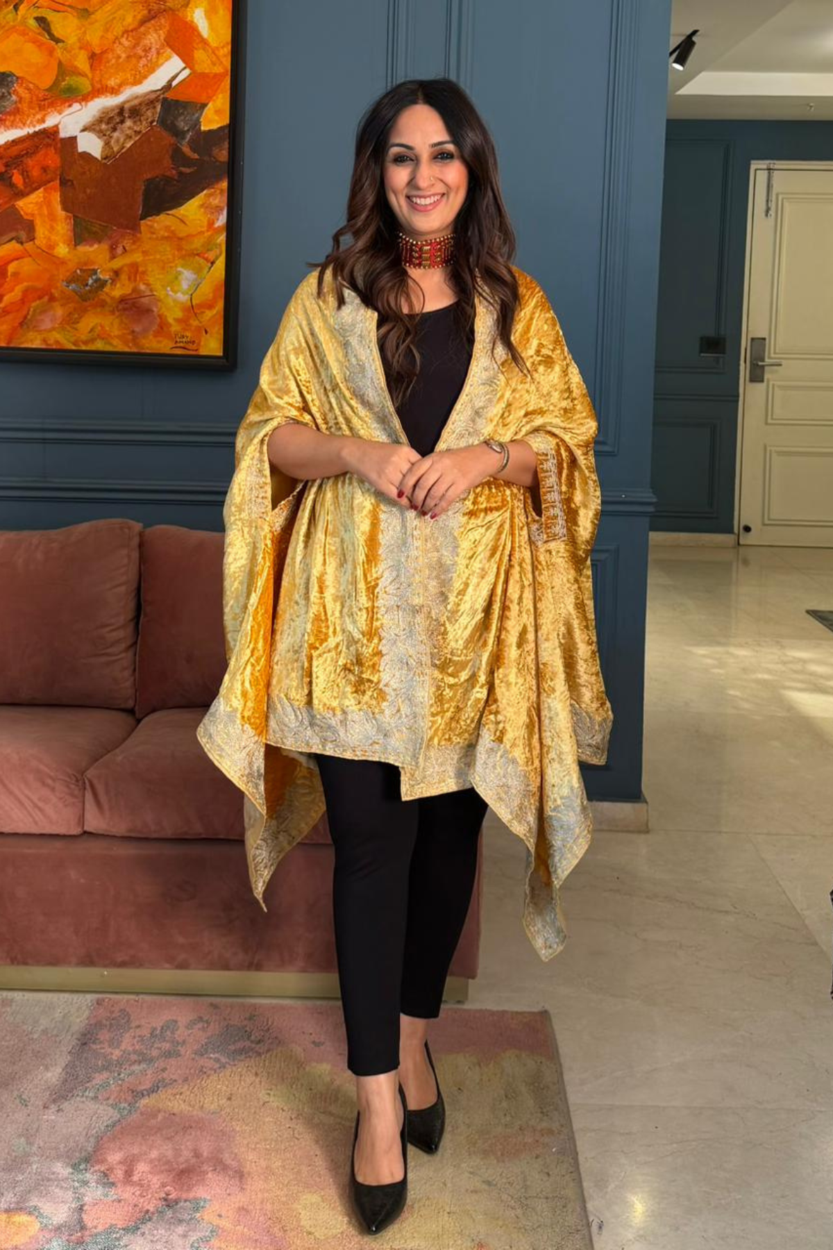 Silk velvet cape shawl with Kashmiri Aari embroidery