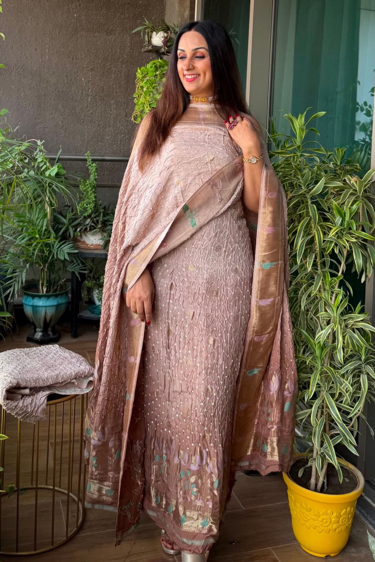 Pure gaji silk full set with hand done bandhani and zari weaving!!