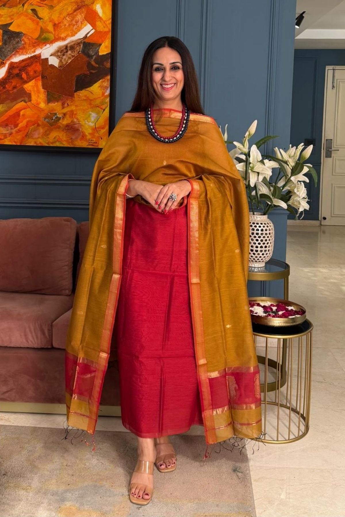 Maheshwari handloom silk by cotton kurta dupatta set