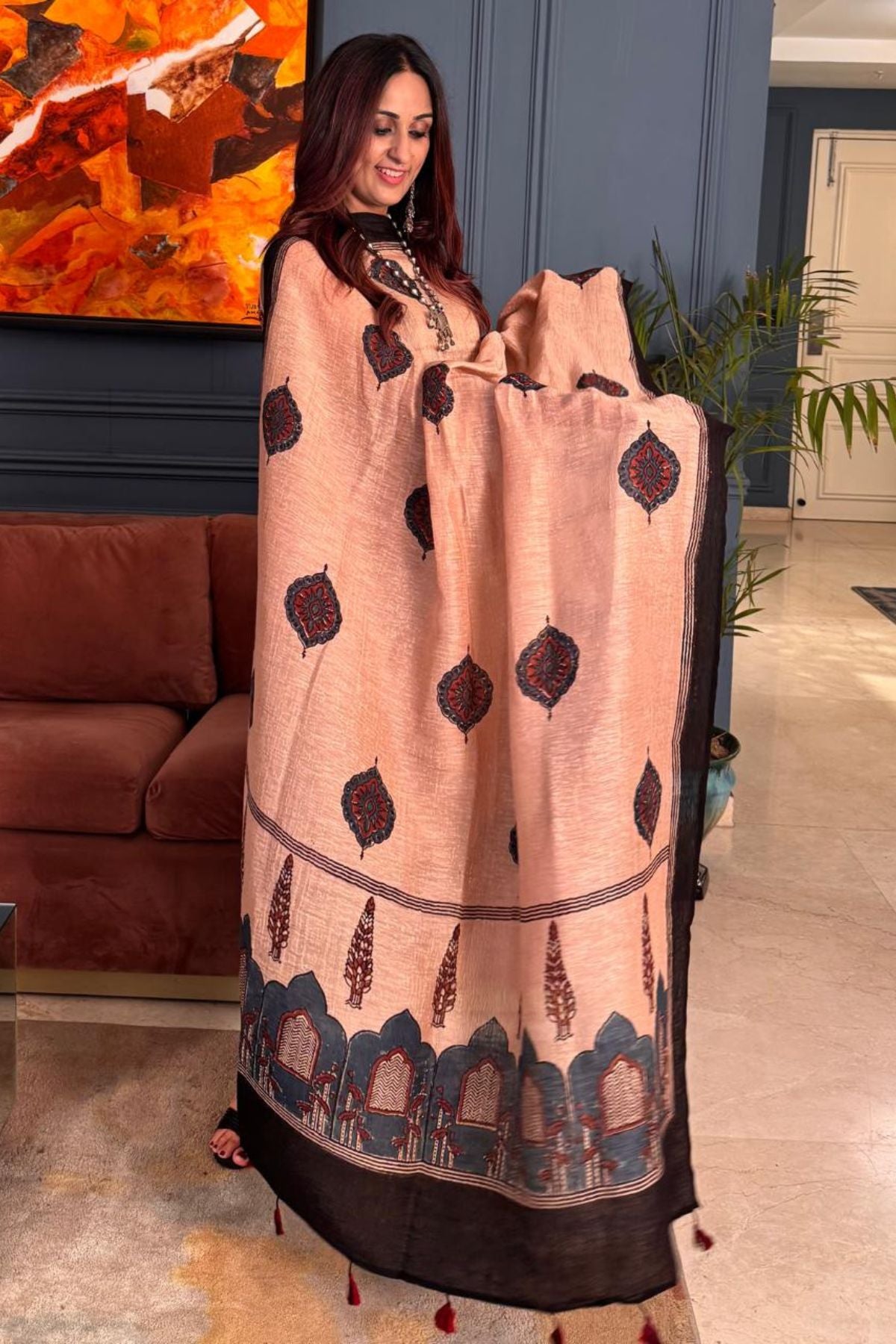 Ajrakh On Pure Linen Silk