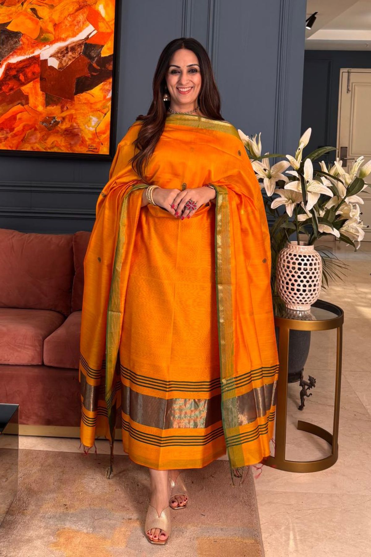 Handwoven Maheshwari silk kurta dupatta set