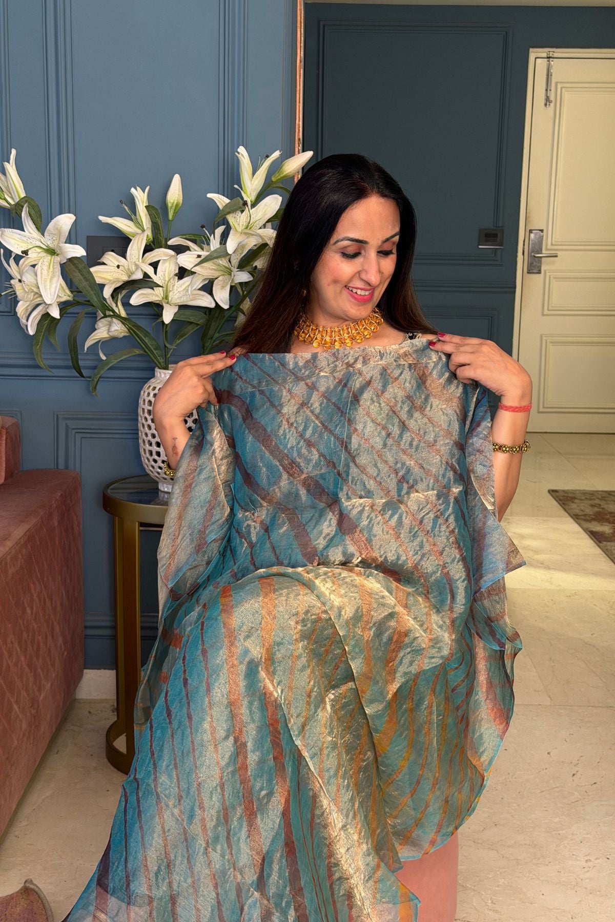 Pure tissue kurta with hand done leheriya!!
