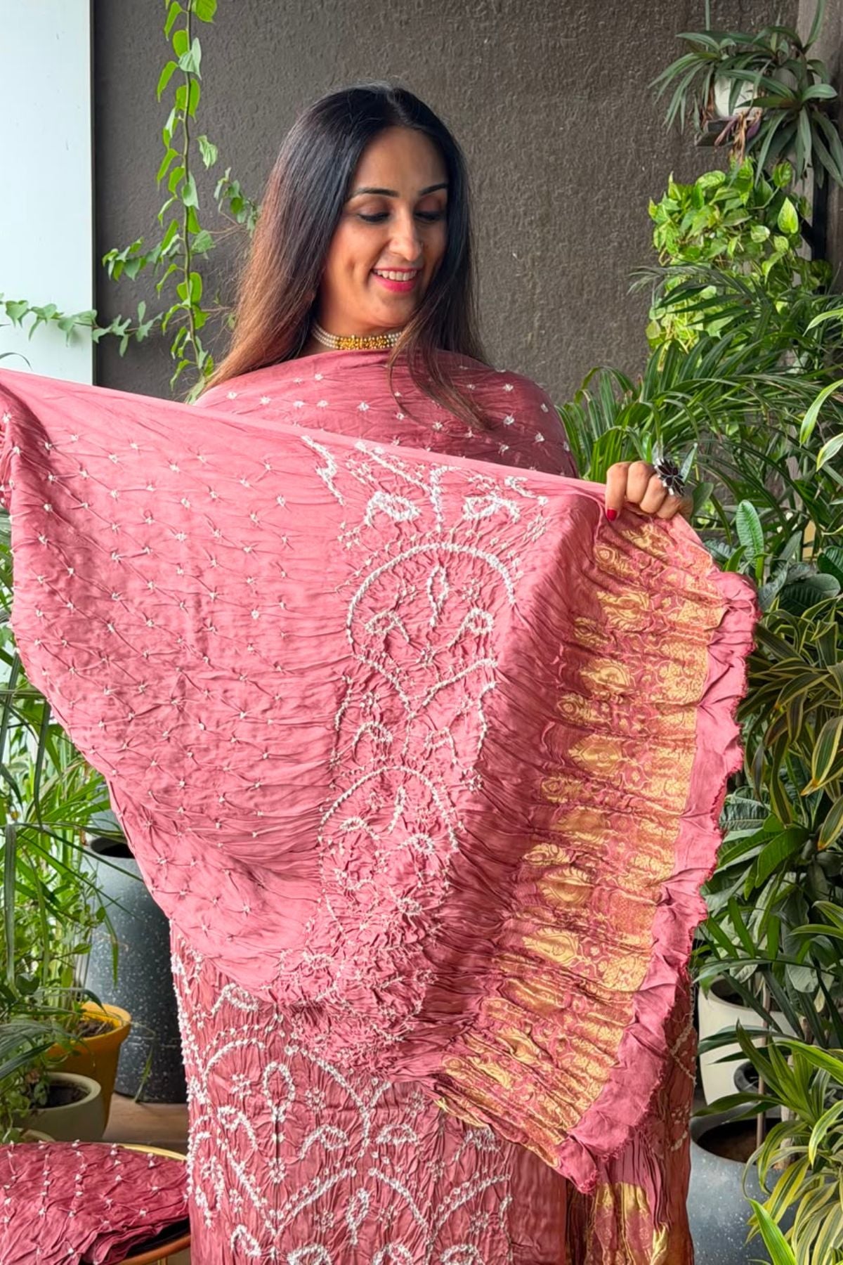 Pure modal silk full set with hand done bandhani and zari weaving!!