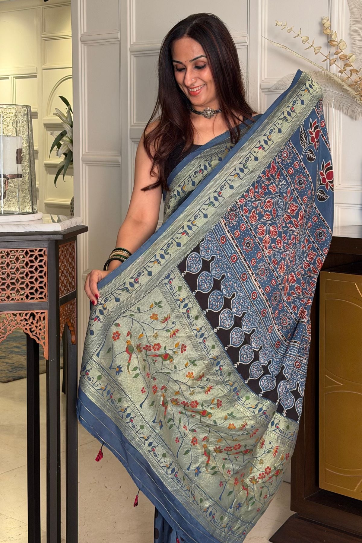 Handblocked Ajrakh with Paithani weave on pure modal saree!!