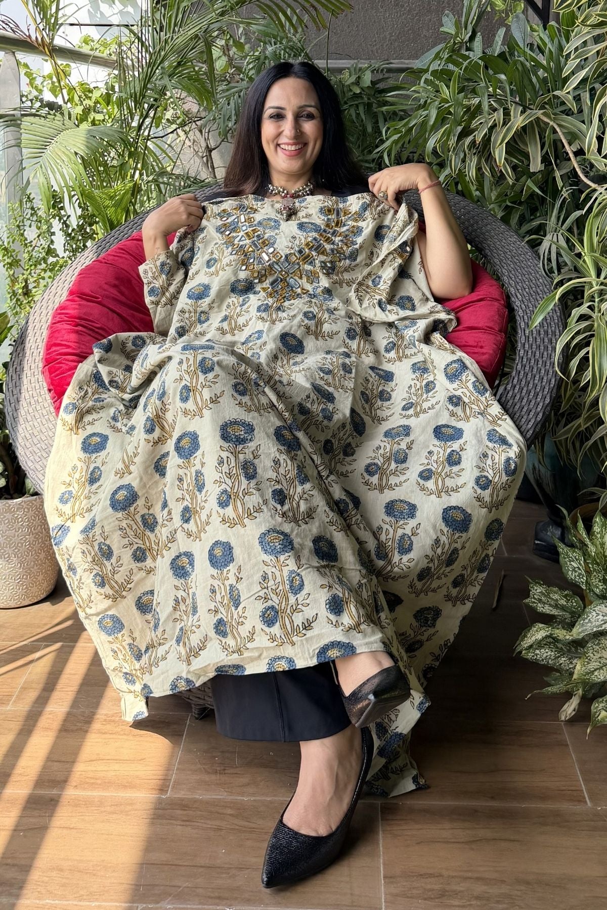 Handblocked pure cotton kurta with Kutch mirror work embroidery!!