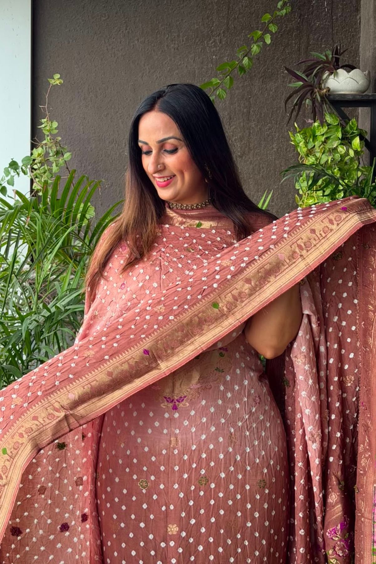 Pure gaji silk full set with hand done bandhani and zari weaving!!
