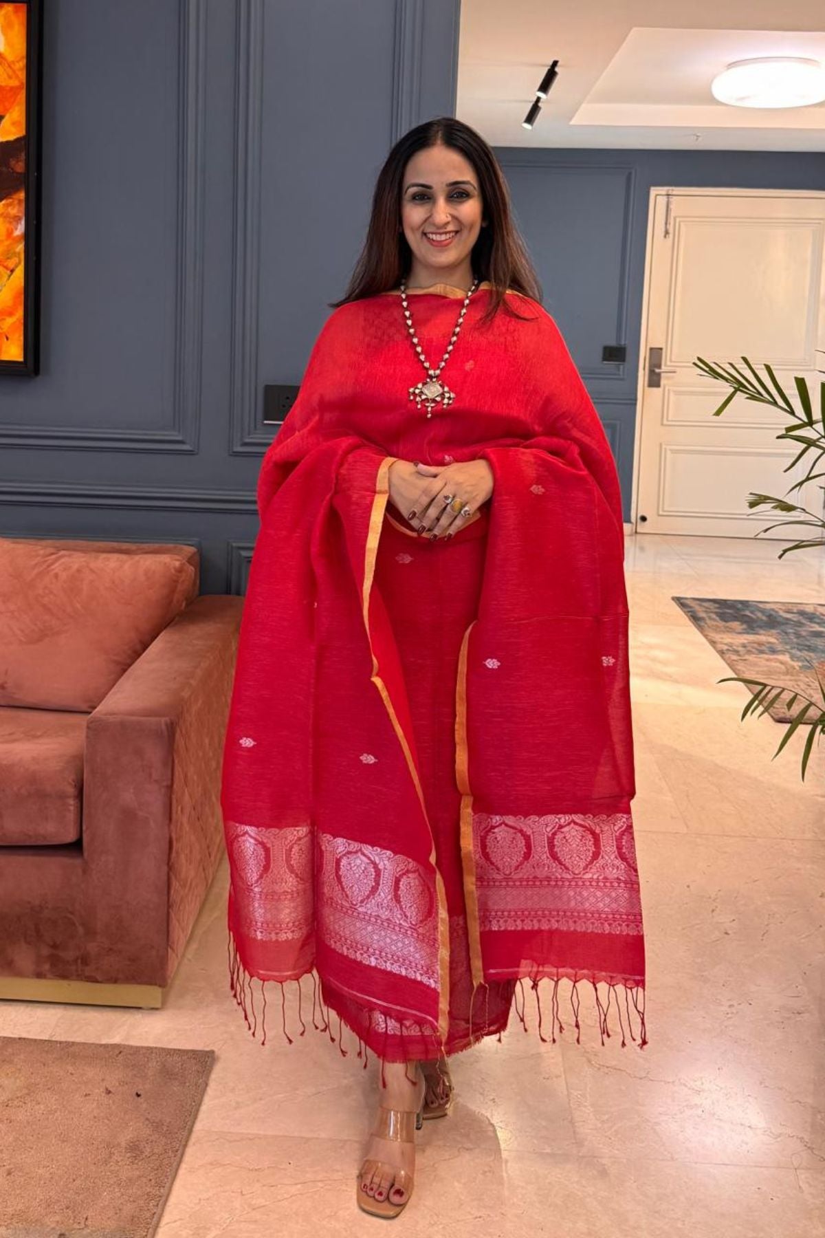 Jamdani and Banarasi weave kurta dupatta set