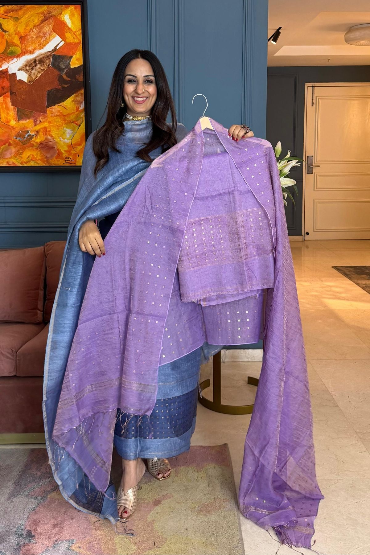 Handwoven with fine sequins Pure Linen kurta dupatta sets!!