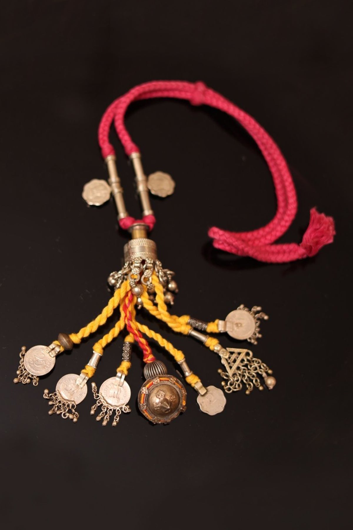 Pink Yellow Threadwork with Handcrafted Brass Bead Necklace