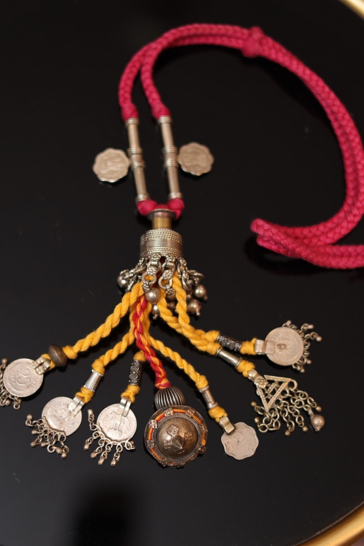 Pink Yellow Threadwork with Handcrafted Brass Bead Necklace