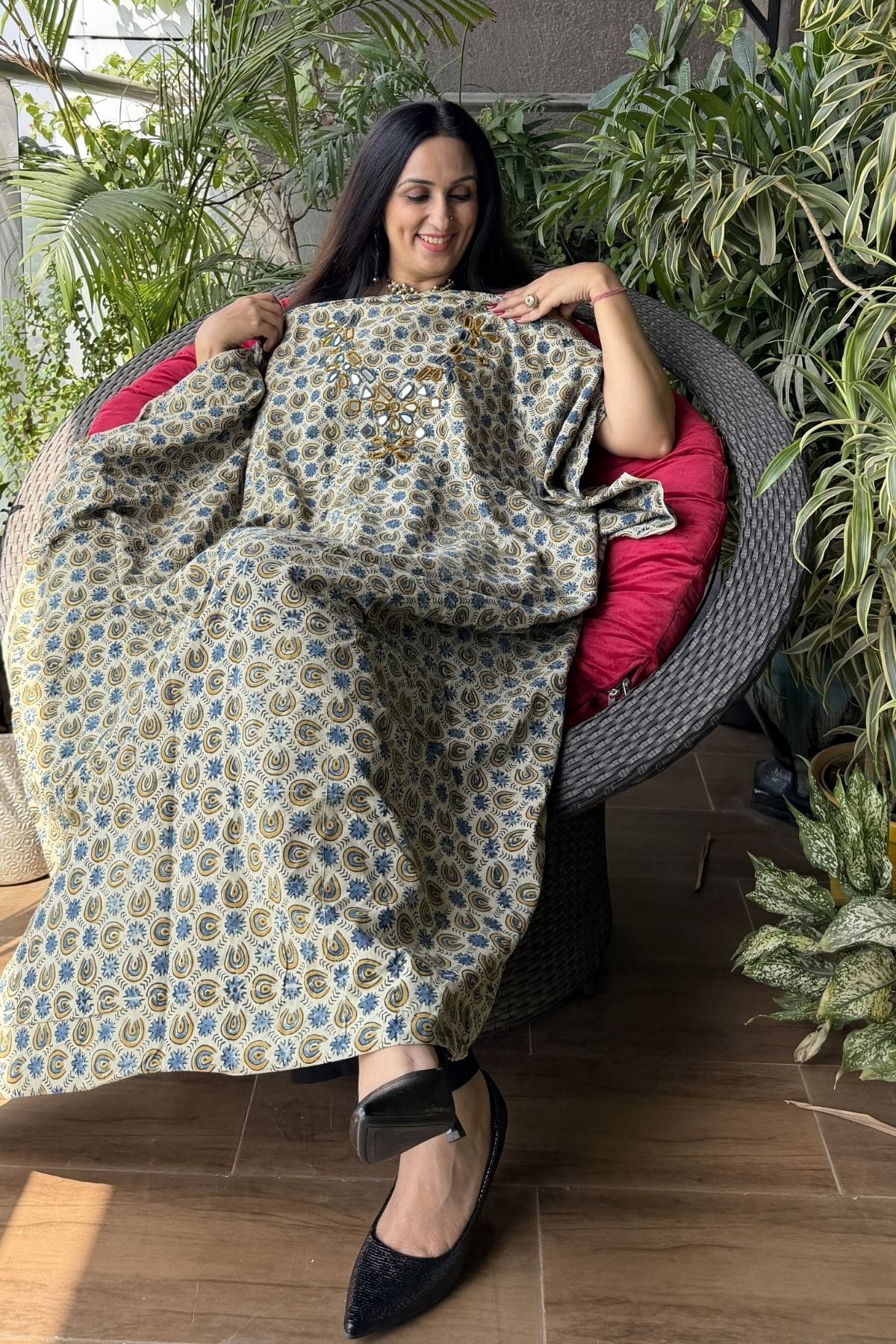 Handblocked pure cotton kurta with Kutch mirror work embroidery!!