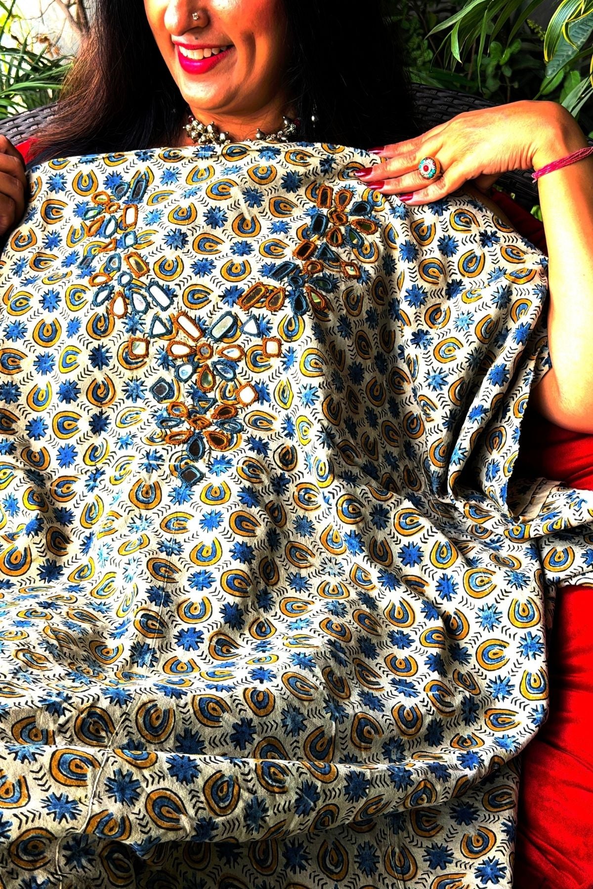 Handblocked pure cotton kurta with Kutch mirror work embroidery!!