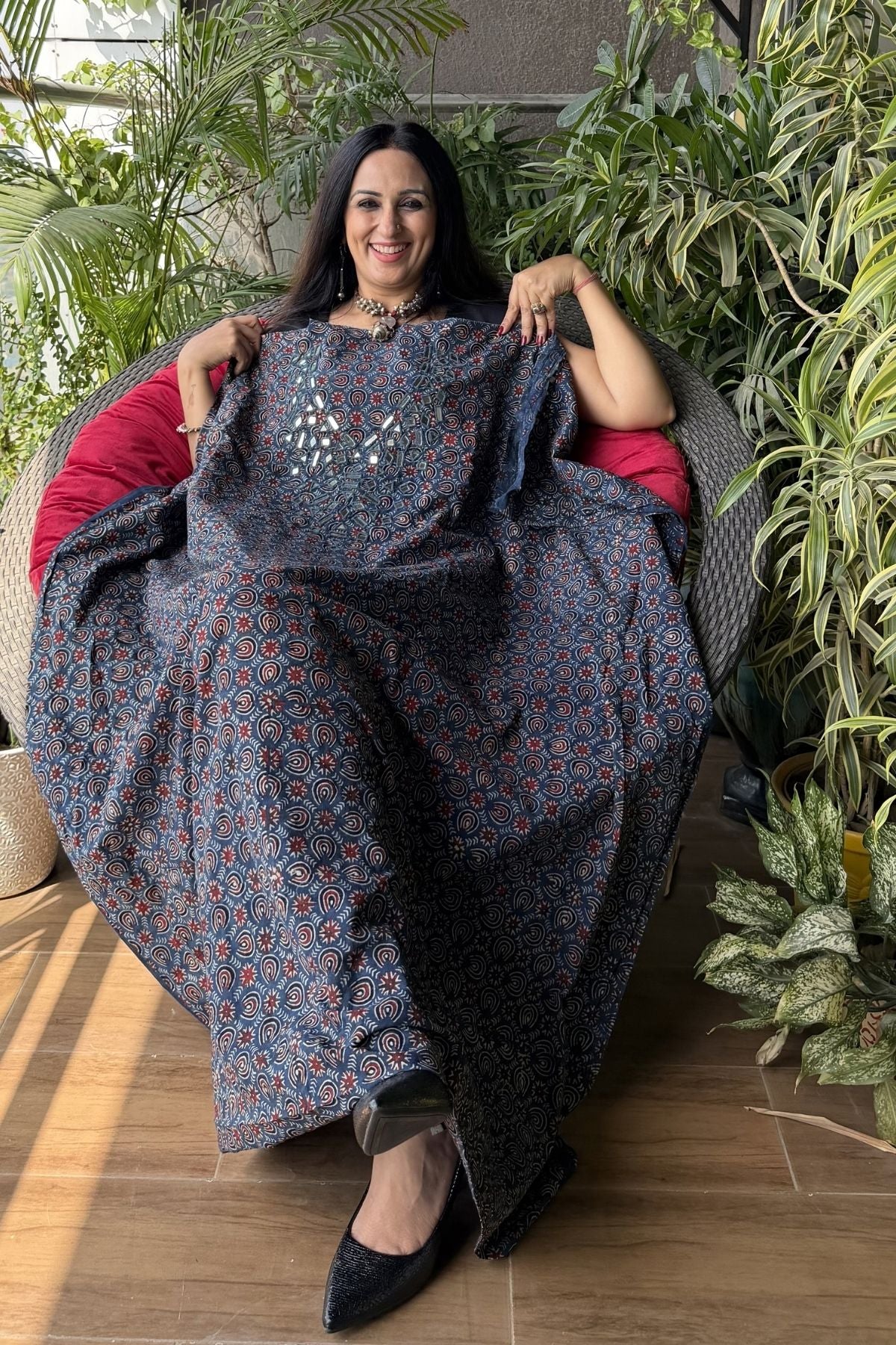 Handblocked pure cotton kurta with Kutch mirror work embroidery!!