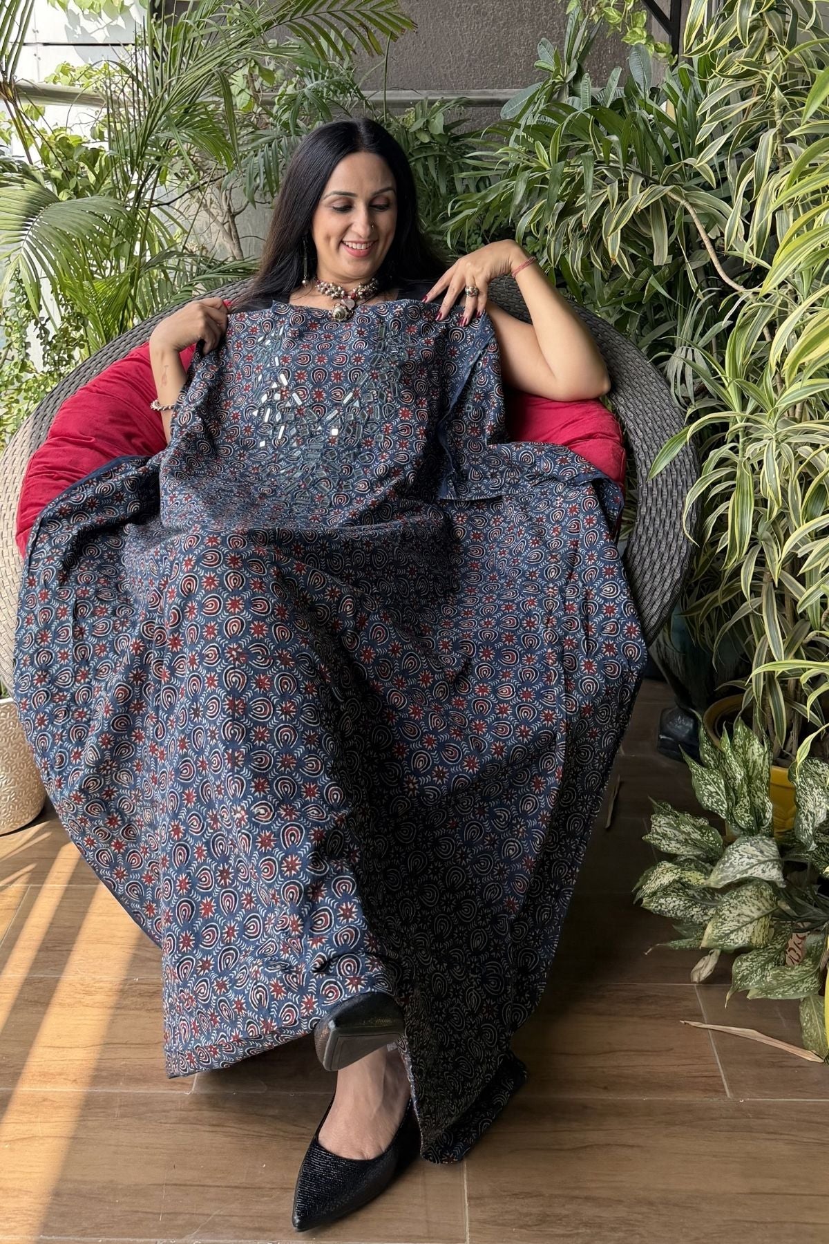Handblocked pure cotton kurta with Kutch mirror work embroidery!!