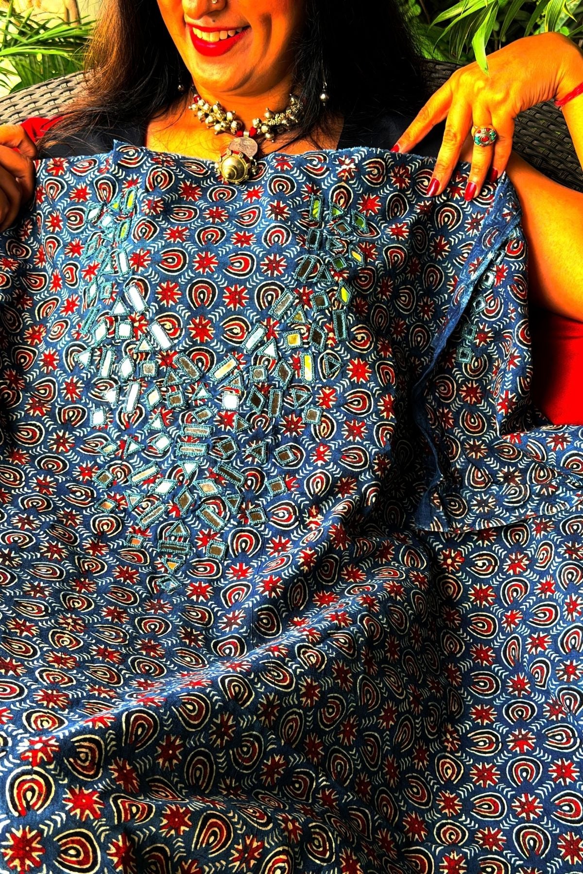 Handblocked pure cotton kurta with Kutch mirror work embroidery!!
