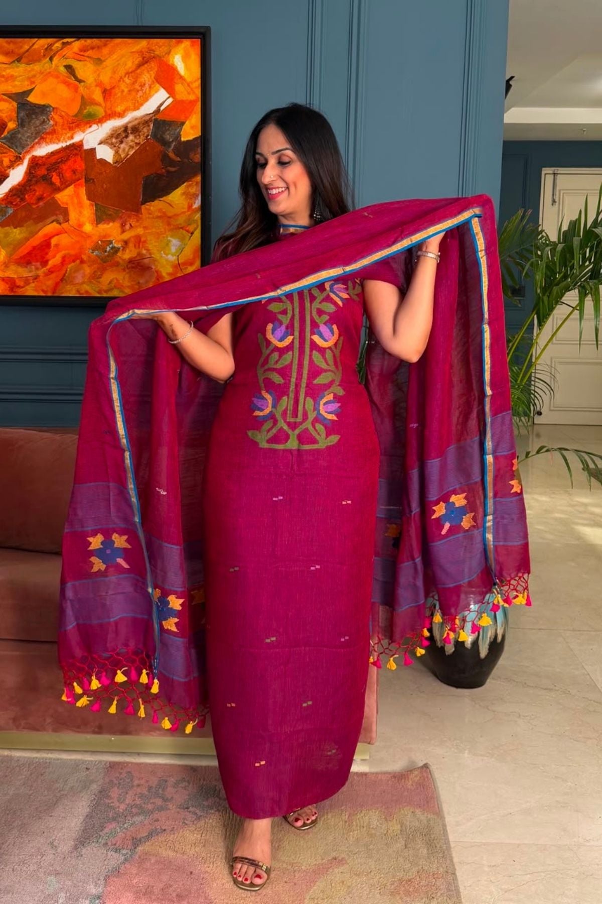 Jamdani weave kurta dupatta set on 100 count linen by linen!!