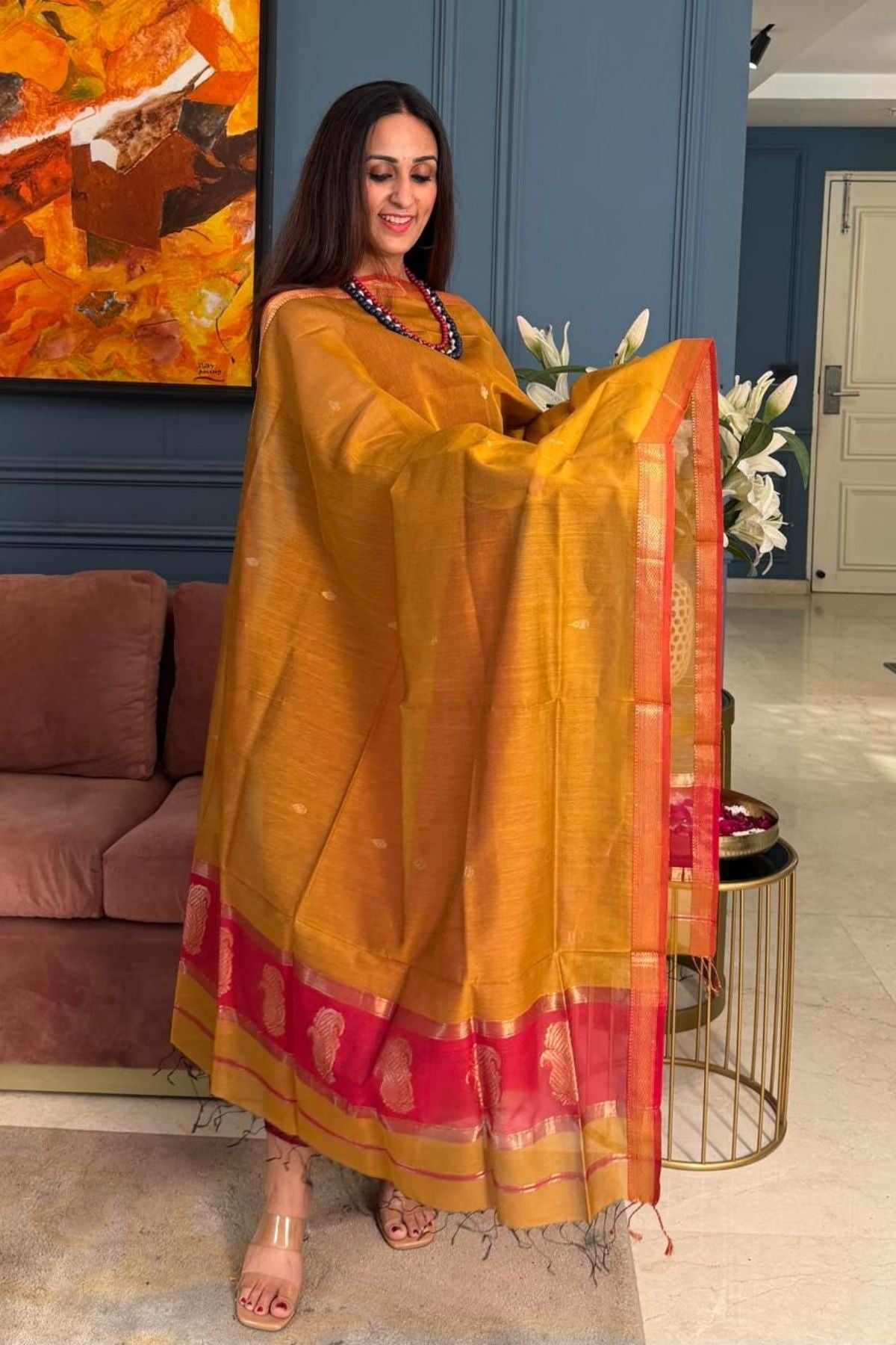 Maheshwari handloom silk by cotton kurta dupatta set