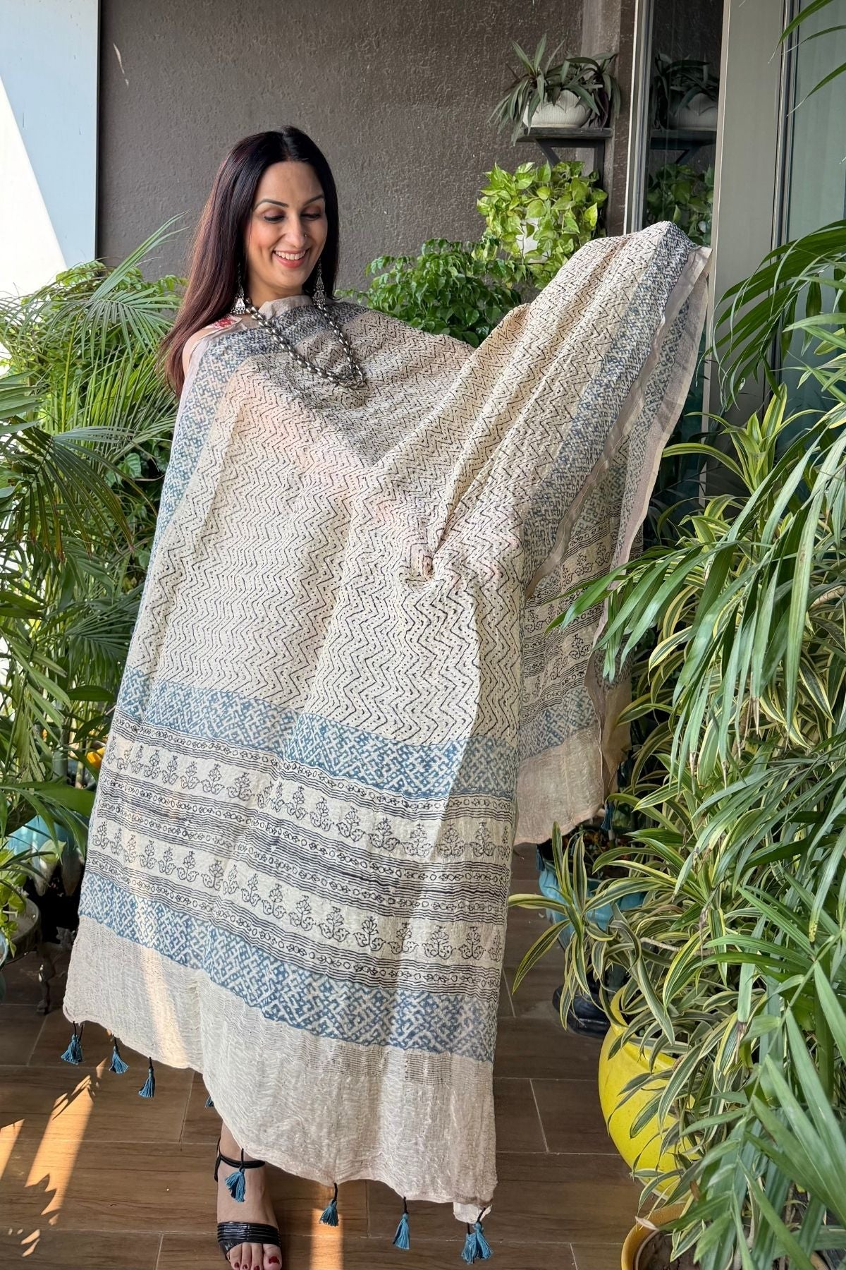 Ajrakh On Pure Linen Silk