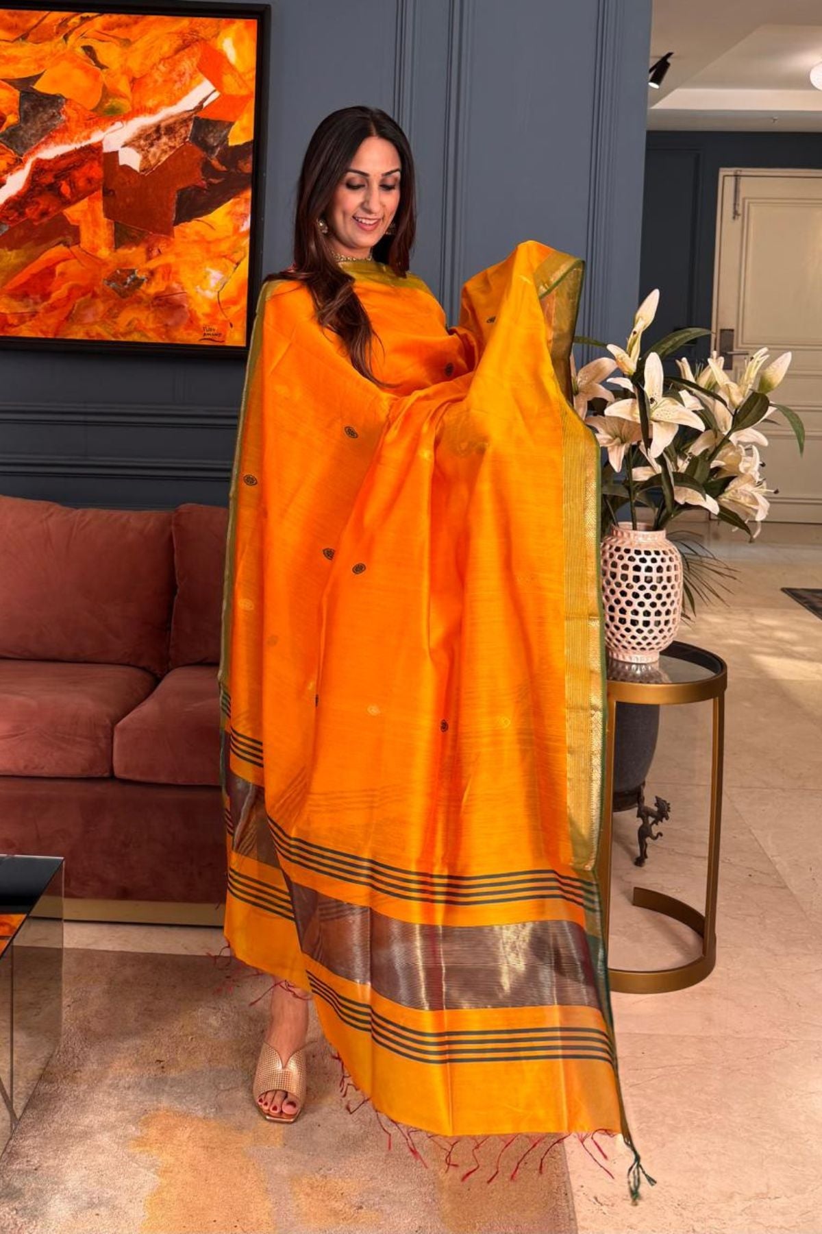 Handwoven Maheshwari silk kurta dupatta set