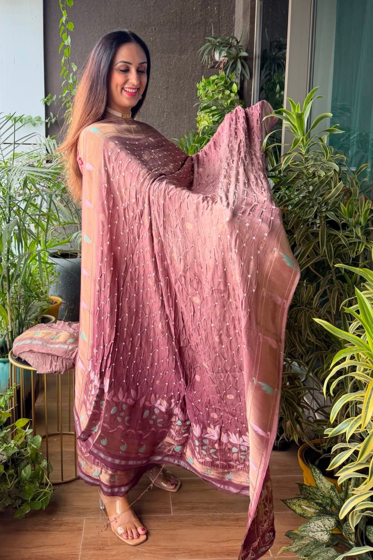 Pure modal silk full set with hand done bandhani and zari weaving!!