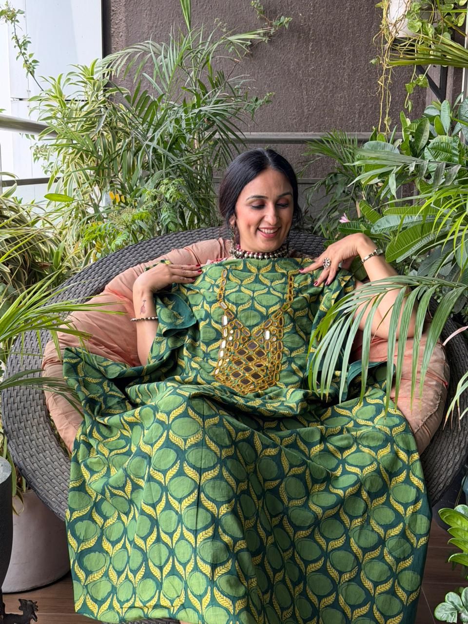 Handblocked pure cotton kurta with Kutch mirror work embroidery!!