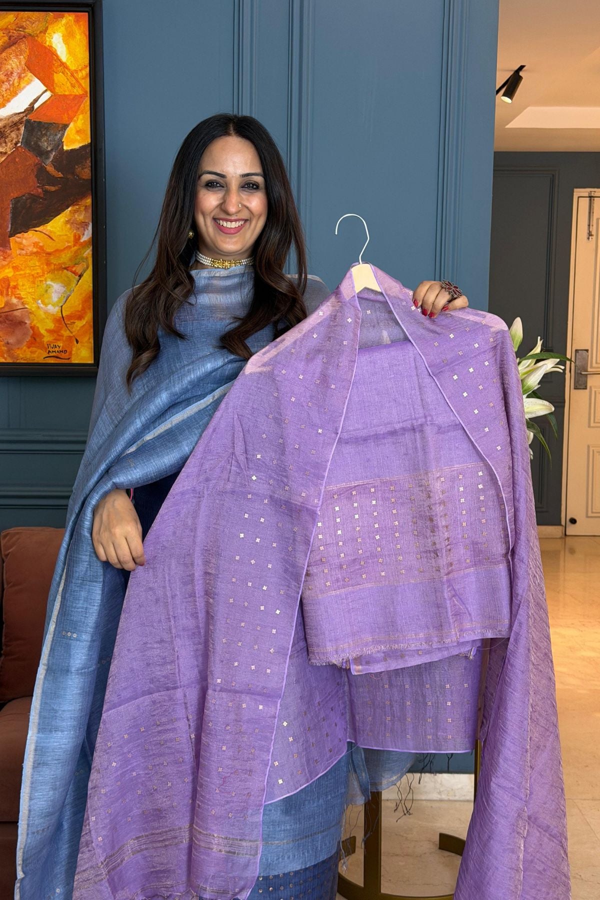 Handwoven with fine sequins Pure Linen kurta dupatta sets!!