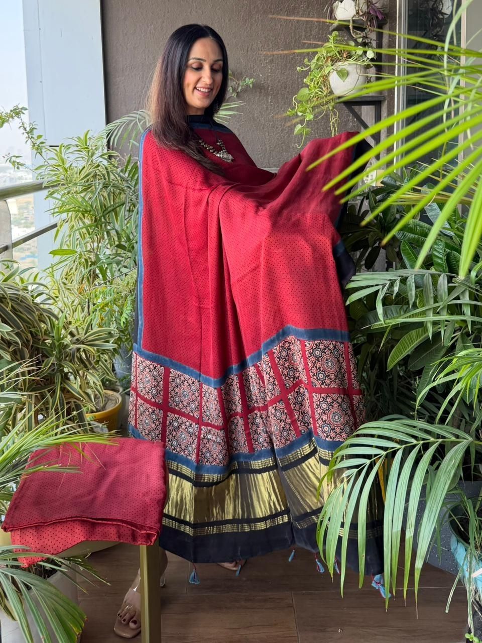 Handblocked Ajrakh full sets in modal with Lagdi patta on dupatta!!