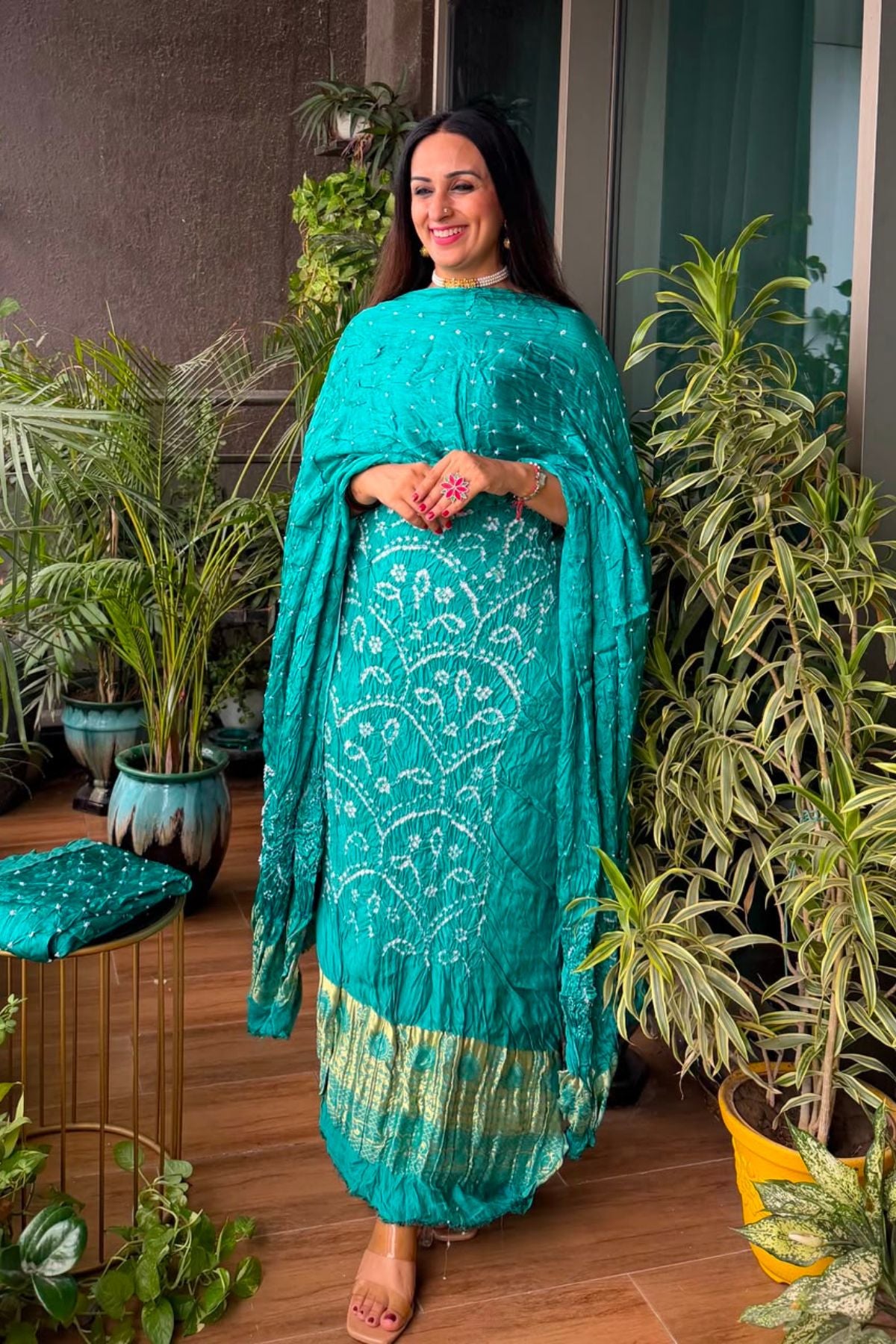 Pure modal silk full set with hand done bandhani and zari weaving!!