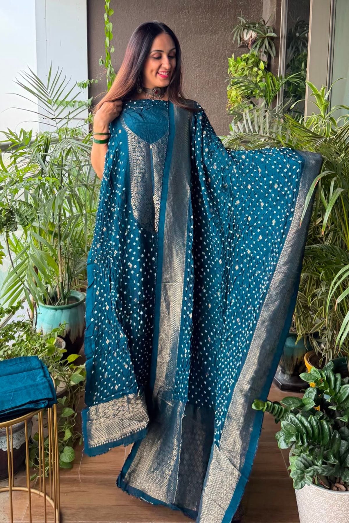 Pure gaji silk full set with hand done bandhani and zari weaving!!