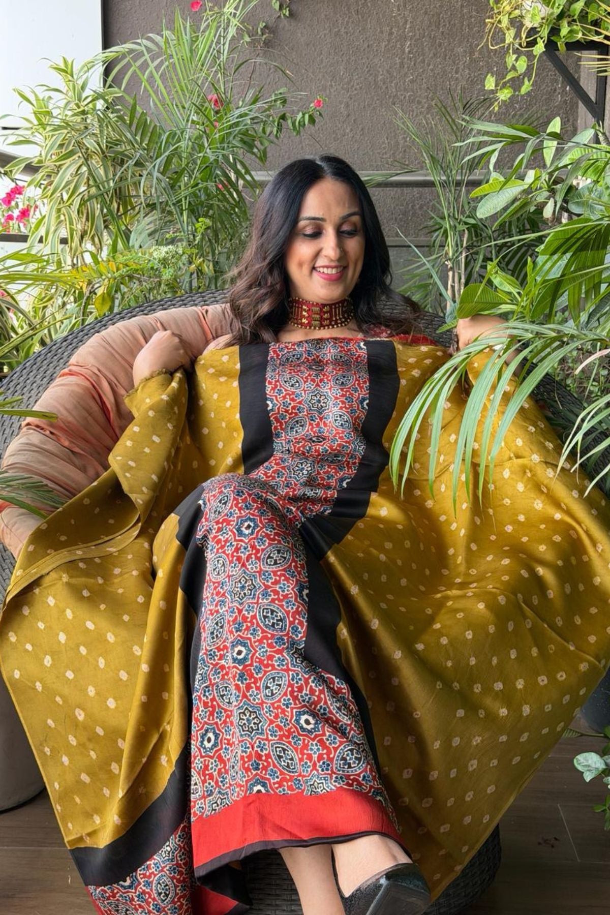 Handblocked Ajrakh Bandhani modal kurta fabric!!!