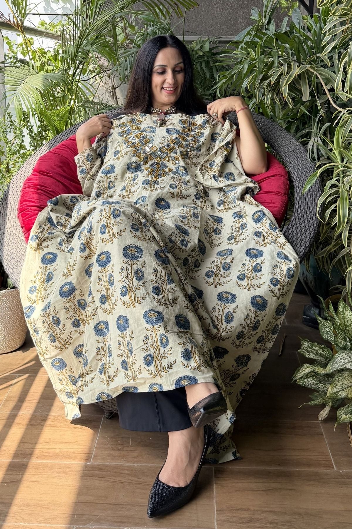 Handblocked pure cotton kurta with Kutch mirror work embroidery!!