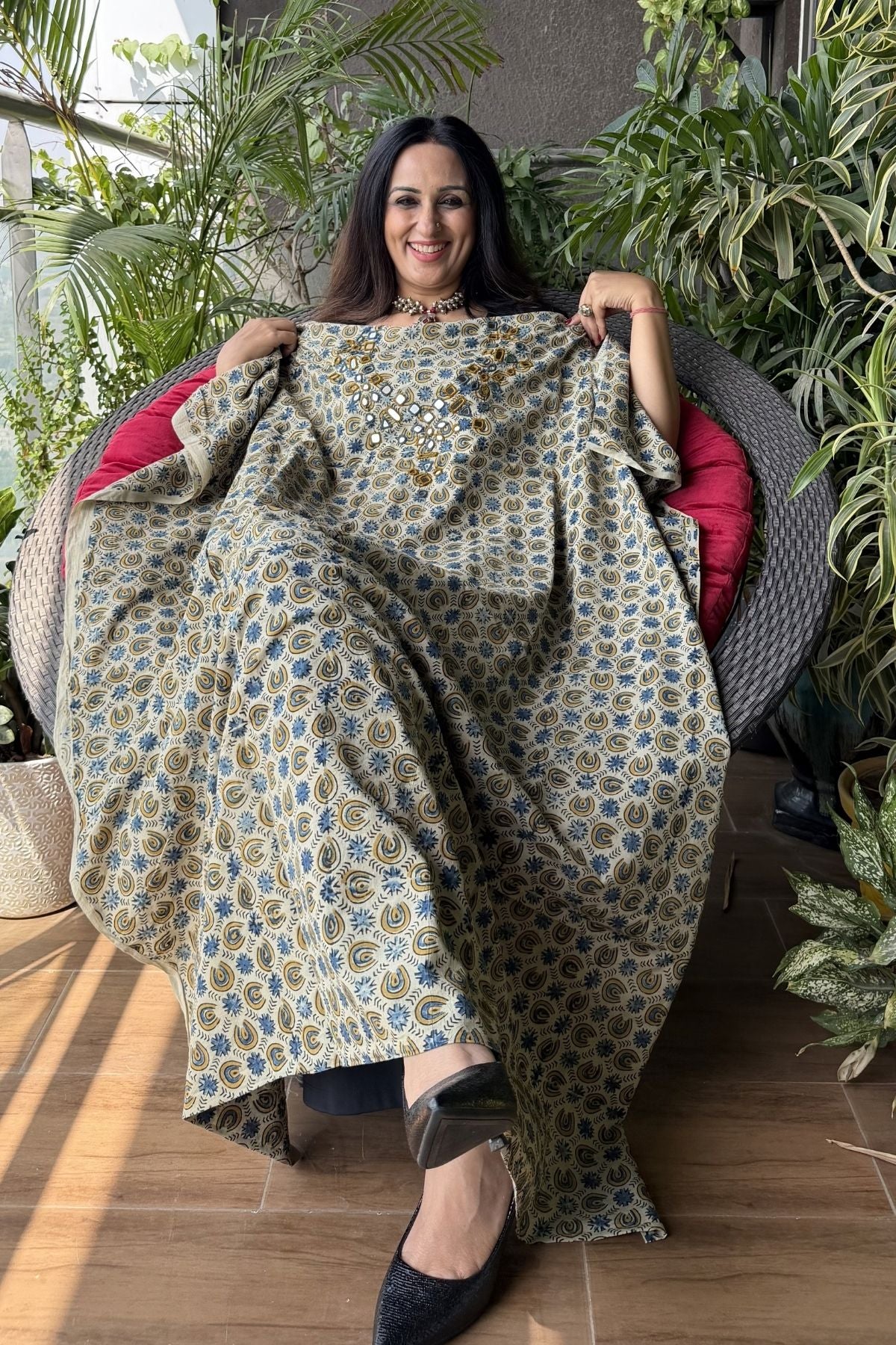 Handblocked pure cotton kurta with Kutch mirror work embroidery!!